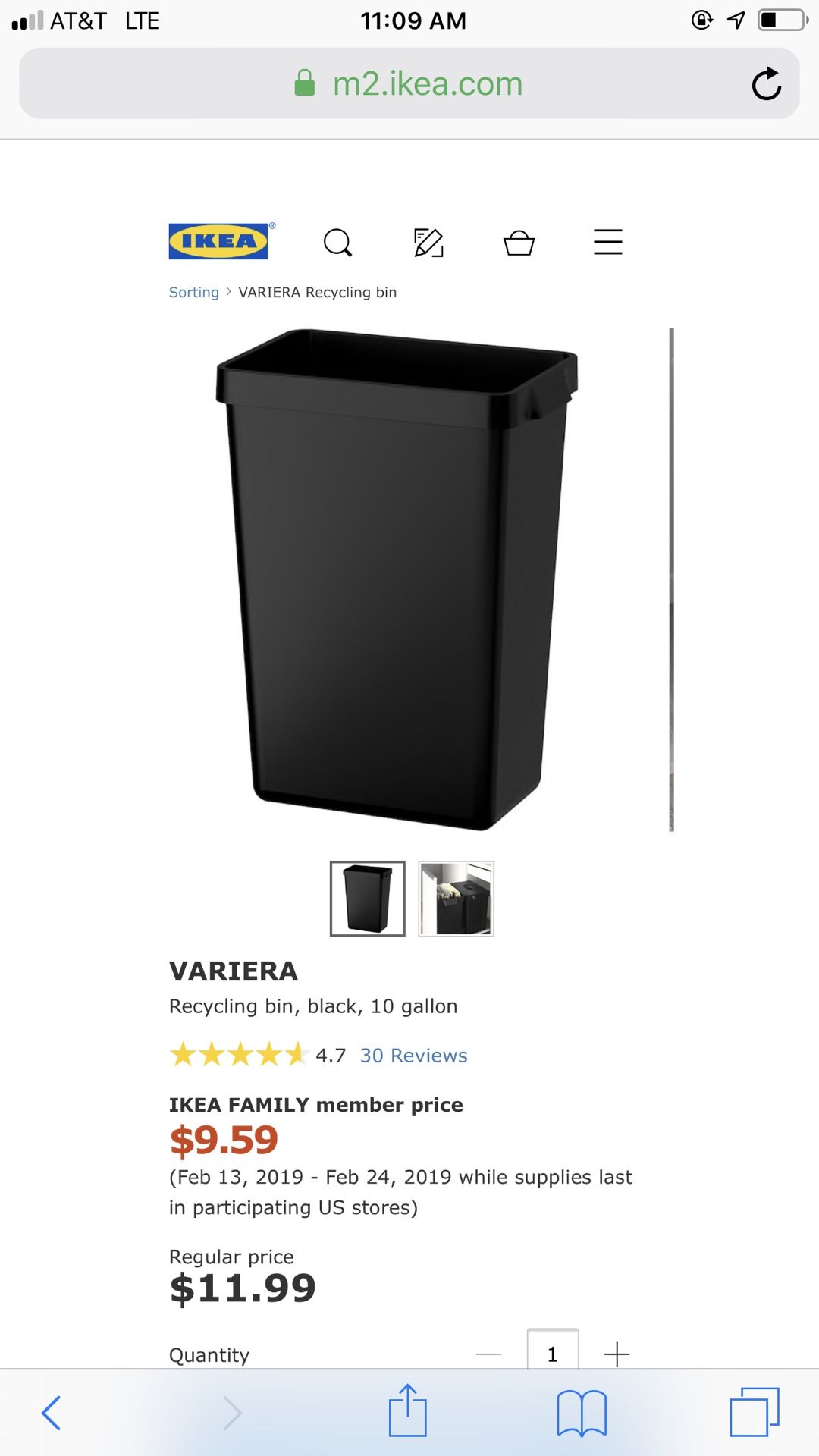 Ikea trash bin, black, 10 gallon