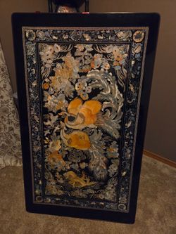 Vintage 4ft Korean Low Folding Coffee Table - Lacquer Peacock Design (Steel Legs)