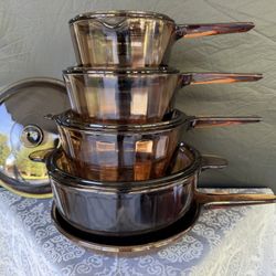 CORNING WARE: NEW, VISIONS, Pyrex, AMBER, 10pc’, Glass Cookware, VINTAGE