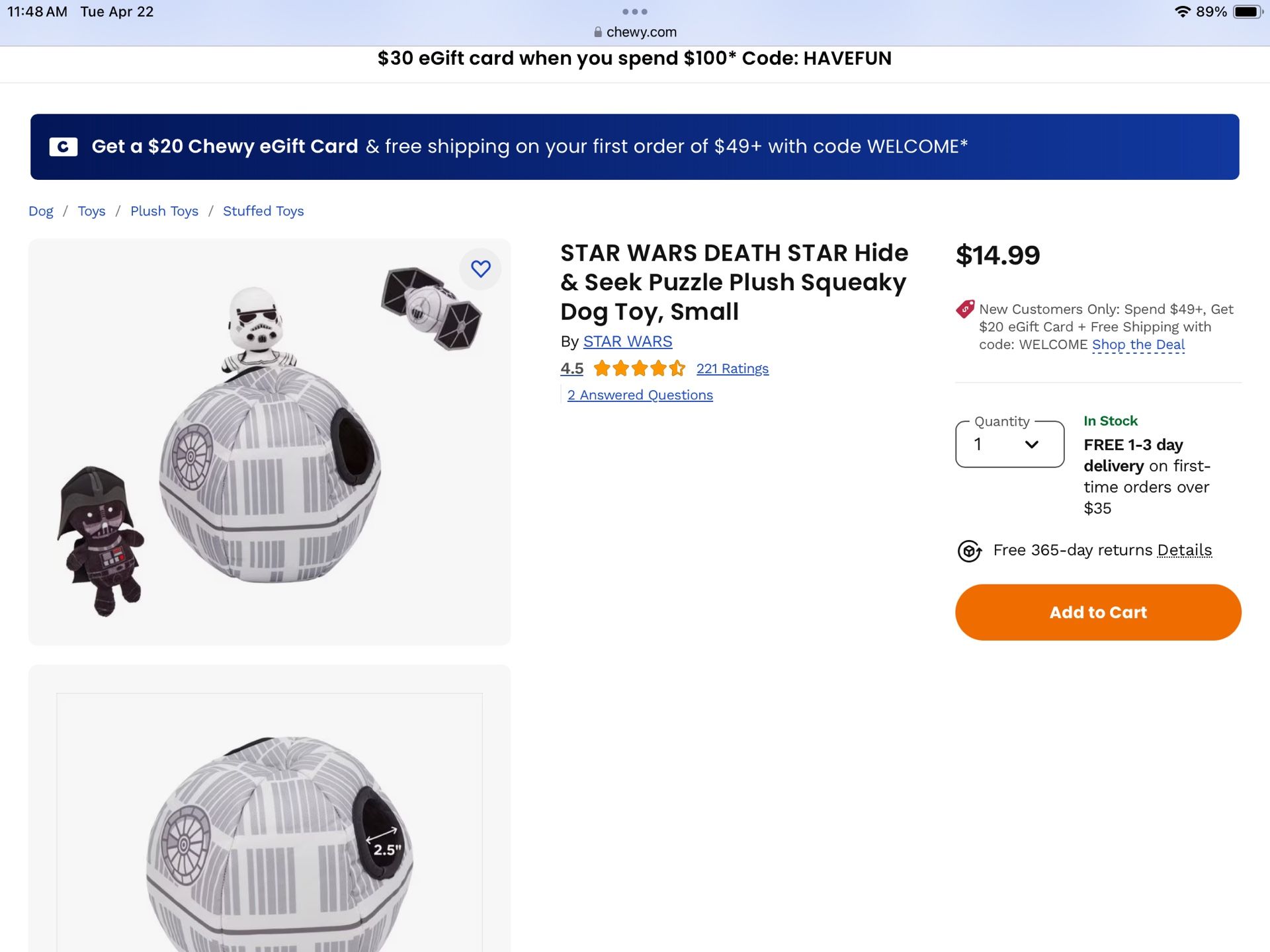 STAR WARS DEATH STAR Hide & Seek Puzzle Plush Squeaky Dog Toy