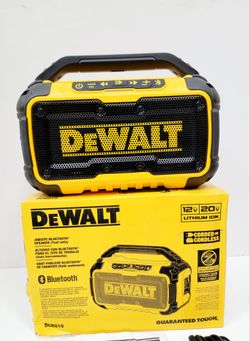 DEWALT jobsite speaker is compatible with 12V Max and 20V Max lithium-ion batteries. This yellow and black unit has dual speakers for stereo sound and