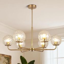 6-Light Gold Sputnik Chandelier, Mid Century Glass Globe Pendant Light