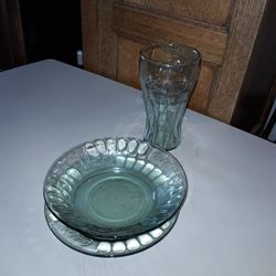 Vintage Green Glass Coca Cola Set Cups, Bowls, Small Plates, and Big Plates