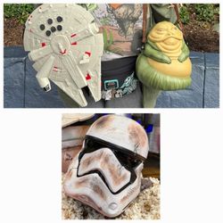 Salvaged Storm Trooper, Jabba The Hut And Millennium Falcon Popcorn Bucket Set