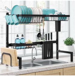 Over The Sink Dish Drying Rack, 30"-33.9" L × 11" W x 21" H Expandable Dish Drainer, Stainless Steel Dish Rack, Black