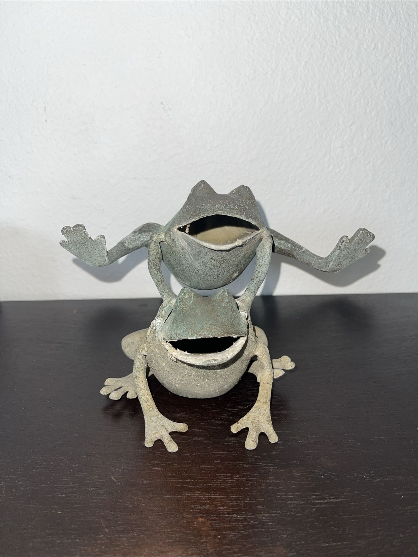 Vintage BRONZE FROGS Patina Sculpture Leap Frog Flower Holder #22