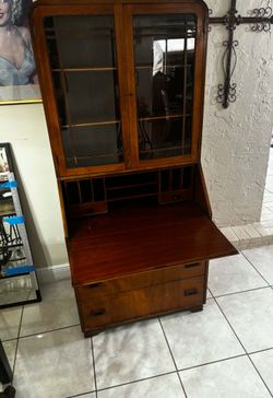 VINTAGE ART DECO TALL SECRETARY DESK WITH BOOKCASE & KEY- Solid Wood