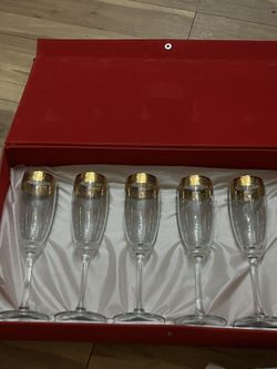 9 pcs - 14k Gold Cristalleria F.lli Fumo Champagne Flutes.