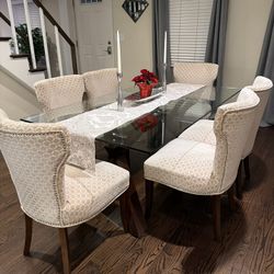 Glass Top Dining Table, Espresso Wood Base, 6 Chairs