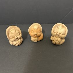 Set of Three Miniature Tan Ceramic Sleeping Birds With Bonnets Figurines