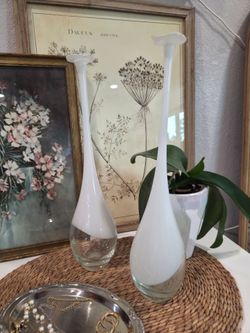 Modernist White Art Glass Stretch Long Thin Neck Vase w/  Flange Rim