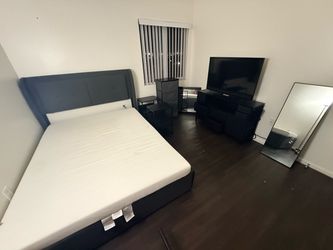 Bedroom set- bed frame, mattress, tv, dresser, mirrors