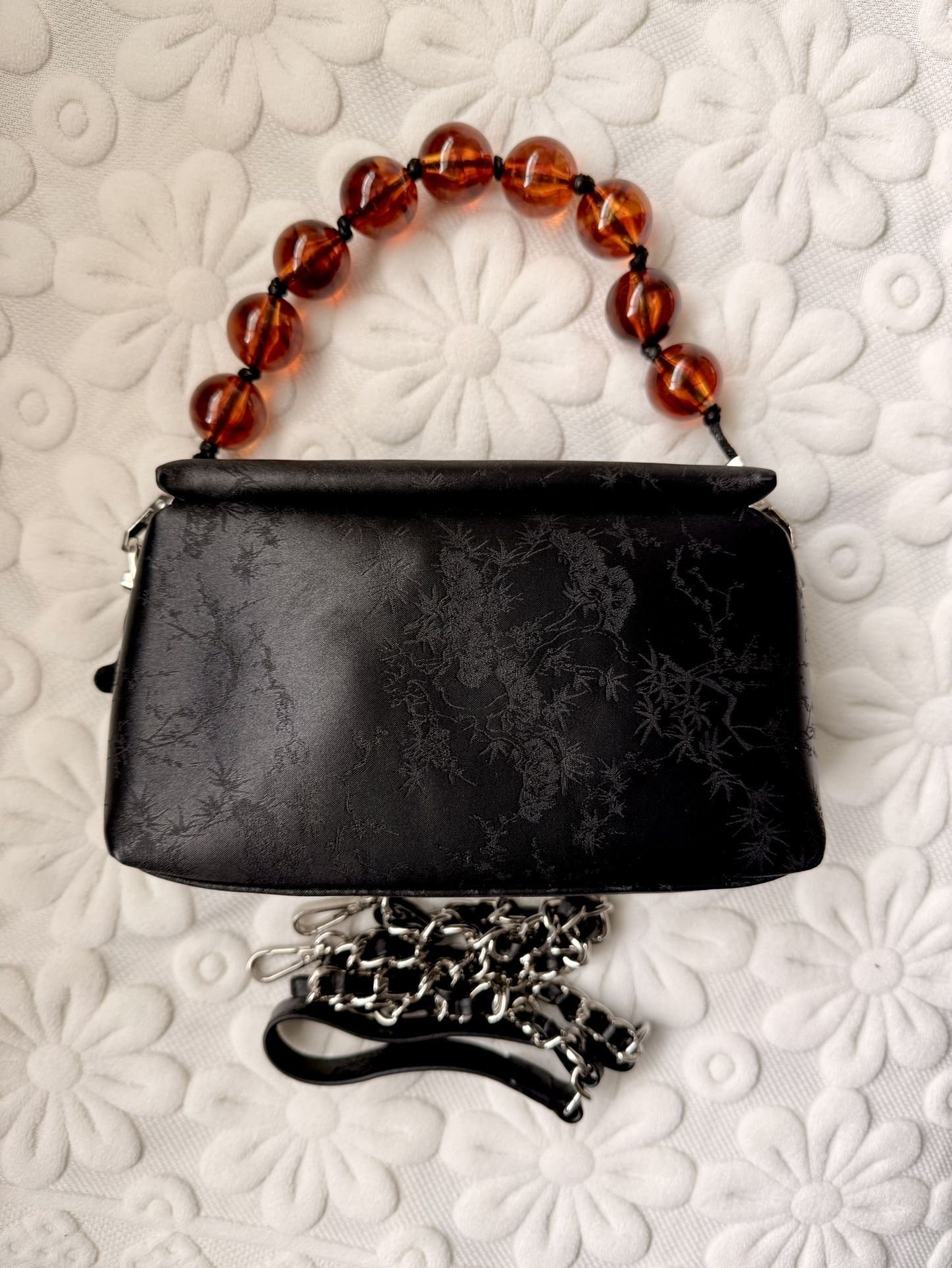 Elegant Textured Box Bag with Beaded Handle & Chain Strap