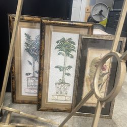 Coffee Table With Glass, And Three Pictures 