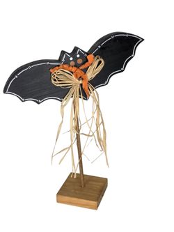 Halloween Wooden Bat Figurine Primitive Rustic Decor Black Orange Raffia