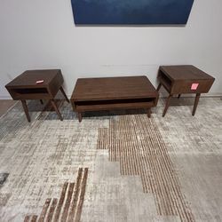 Mid-Century Style Wood Coffee Table + 2 End Tables (Set of 3)