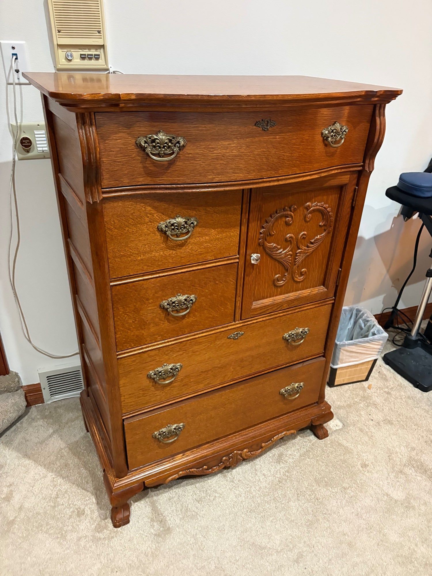 Vintage Oak Chiffonier with Carved Cabinet and Brass Hardware