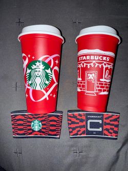 Starbucks Lot! Unused Starbucks Holiday Red Cups (2021 & 2025) + 2 World Cup Sleeves - Bundle