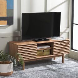 SAFAVIEH Aricia TV Stand for up to 55" Flatscreen – Oak Brown, 2 Sliding Doors with Interior Storage, 1 Open Shelf, Entertainment Media Console (MED96