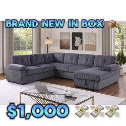 U Shape Sectional Corduroy Couch With Pull Out Bed & Storage Underneath Brand New In Box 📦 