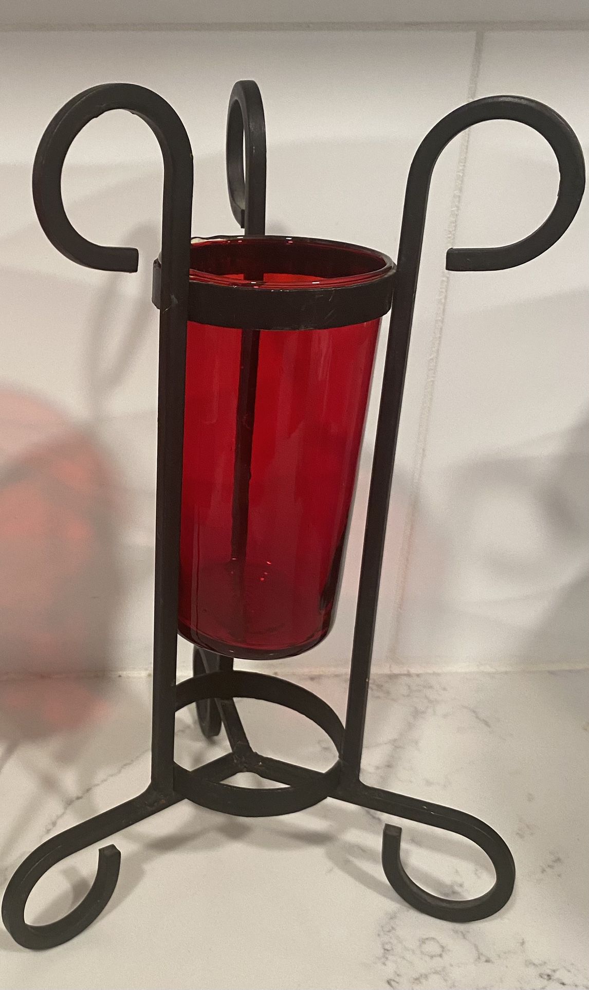 Vintage Ruby Glass Wrought Iron Candle holder