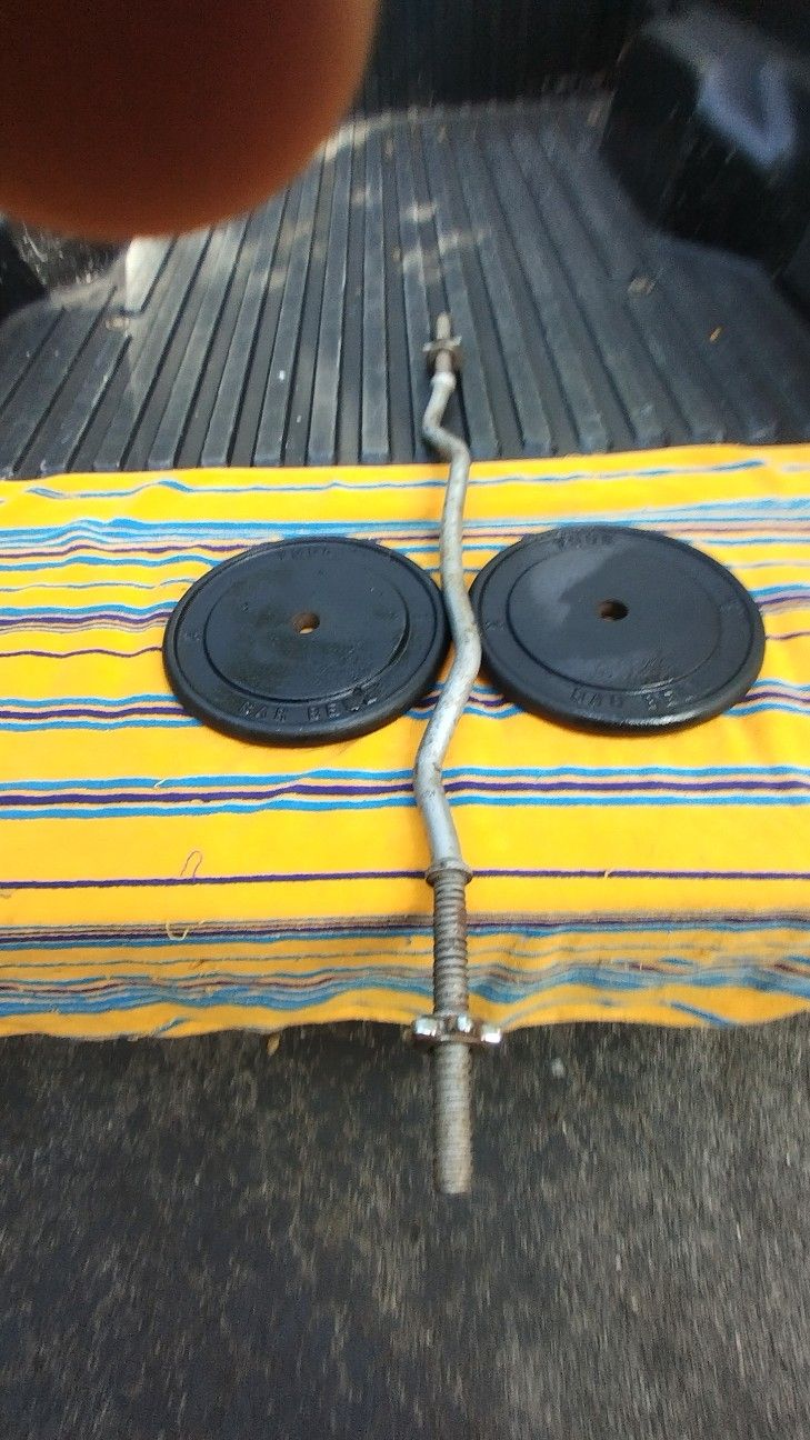 PAIR OF YORK 25 LB. STANDARD PLATES. & EASY CURL BAR