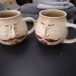 Vintage Pottery Craft USA 3D FACE Mustache Coffee  Mug Cups.