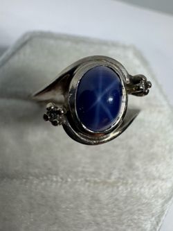 Vintage 14K 585 White Gold Blue Star Sapphire Diamond Ring 3.7g