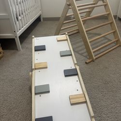 Olakids Pikler Triangle Set 7 in 1 Climbing Toys for Toddlers Foldable Baby Wood Montessori Jungle Gym with Angle Adjustable Ladder Seesaw Ramp Indoor