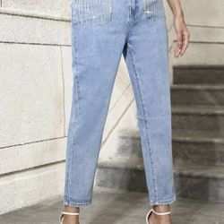Womens Rhinestone Fringe Mom Jeans