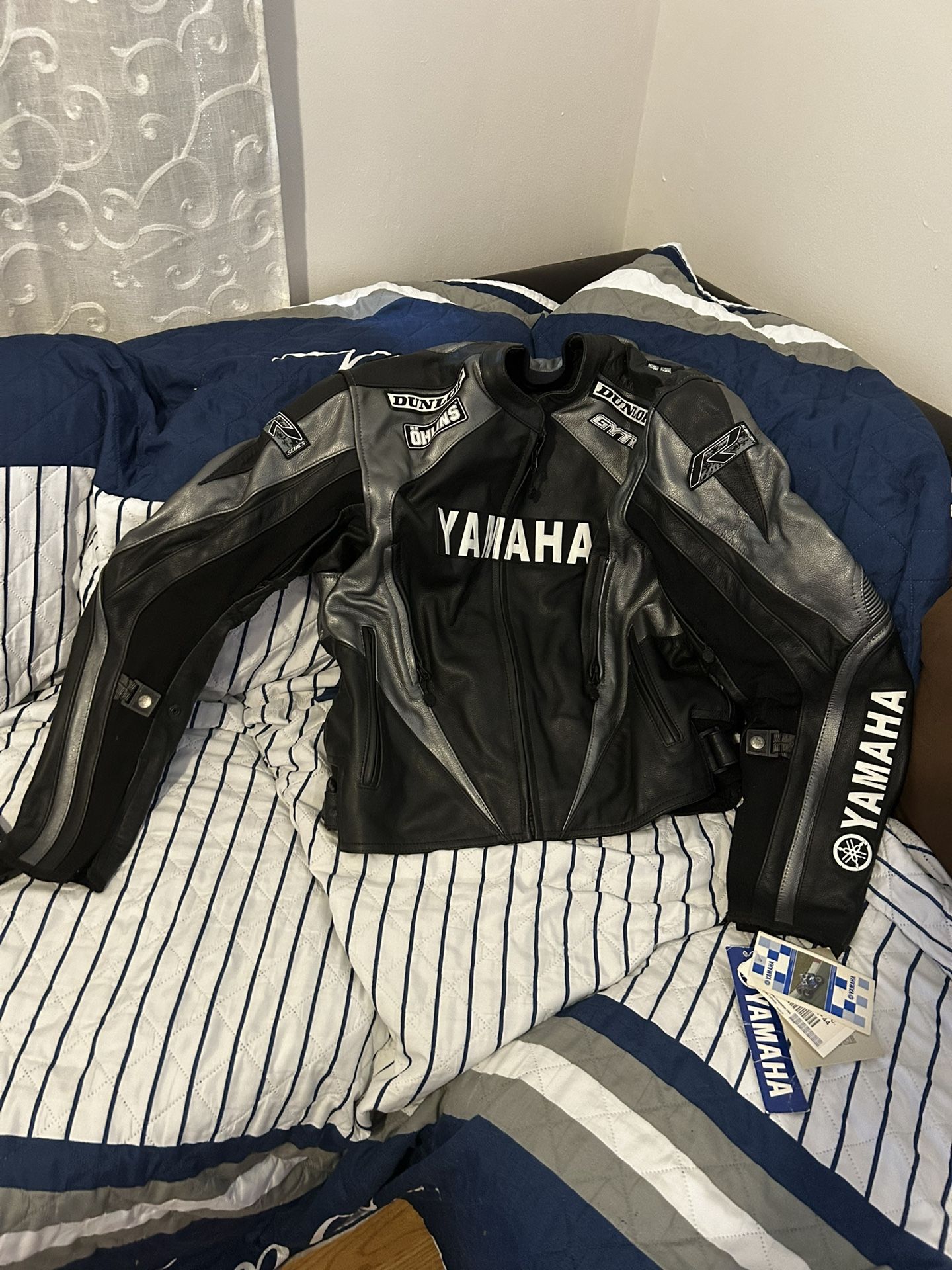 Grey And Black Leather Yamaha Jacket