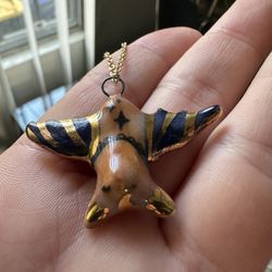 Bat pendant, hand made and hand painted ceramic art by CA based artist