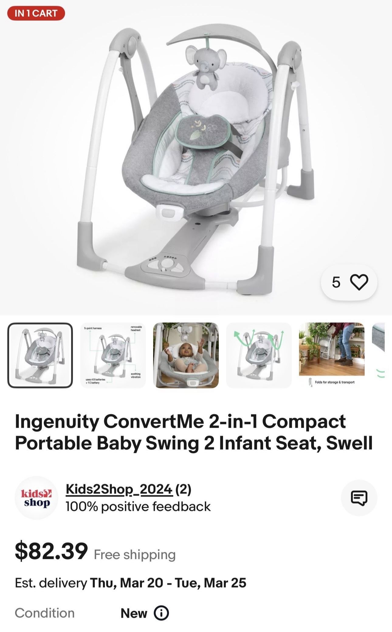 Ingenuity ConvertMe 2-in-1 Compact Portable Baby Swing 2 Infant Seat, Swell