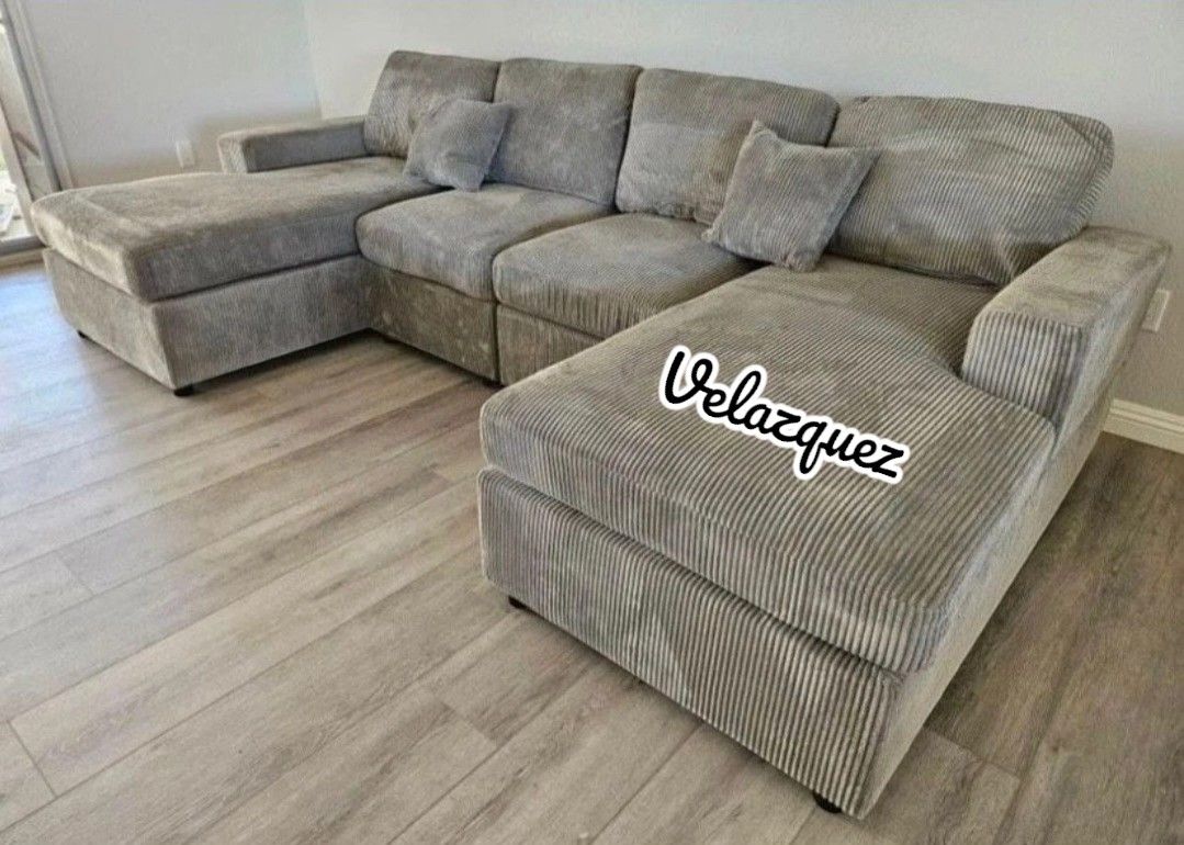 ✅️✅️4 pc fog grey corduroy fabric sectional sofa with double chaise✅️✅️✅️