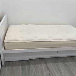 Custom white Formica twin size platform bed with drawers underneath deep and mattress