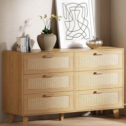 Wide Rattan Dresser, 6 Drawer Dressers Bedroom Furniture Large Storage Tower Unit, Dresser for Bedroom, Closet,Hallway, Walnut