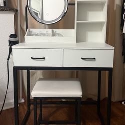 Vanity Table with LED Mirror & Storage (Stool Included)
