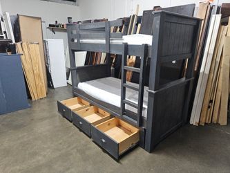 Twin Gray Wood Bunk Bed with Storage Drawers