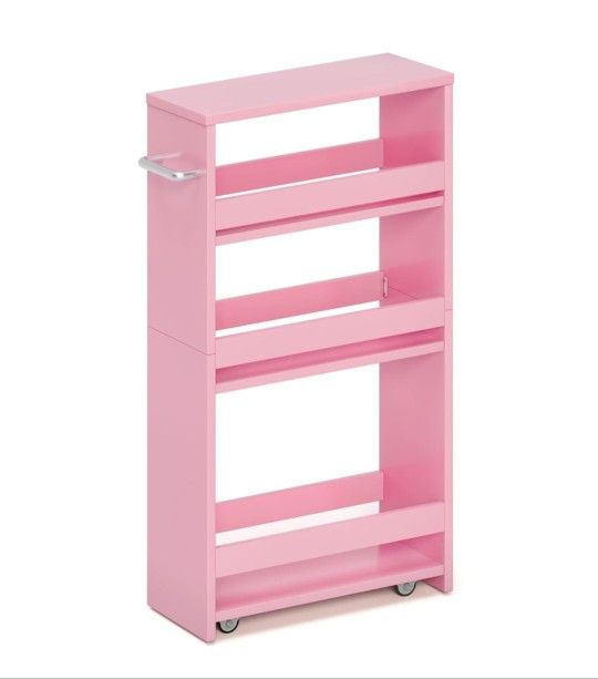 MARTY Pink Slim Storage Cart, 4-Tier Rolling Bookshelf Kitchen Cart with Wheels, Laundry Room Organization with Handle Slide Out Utility Cart Shelving