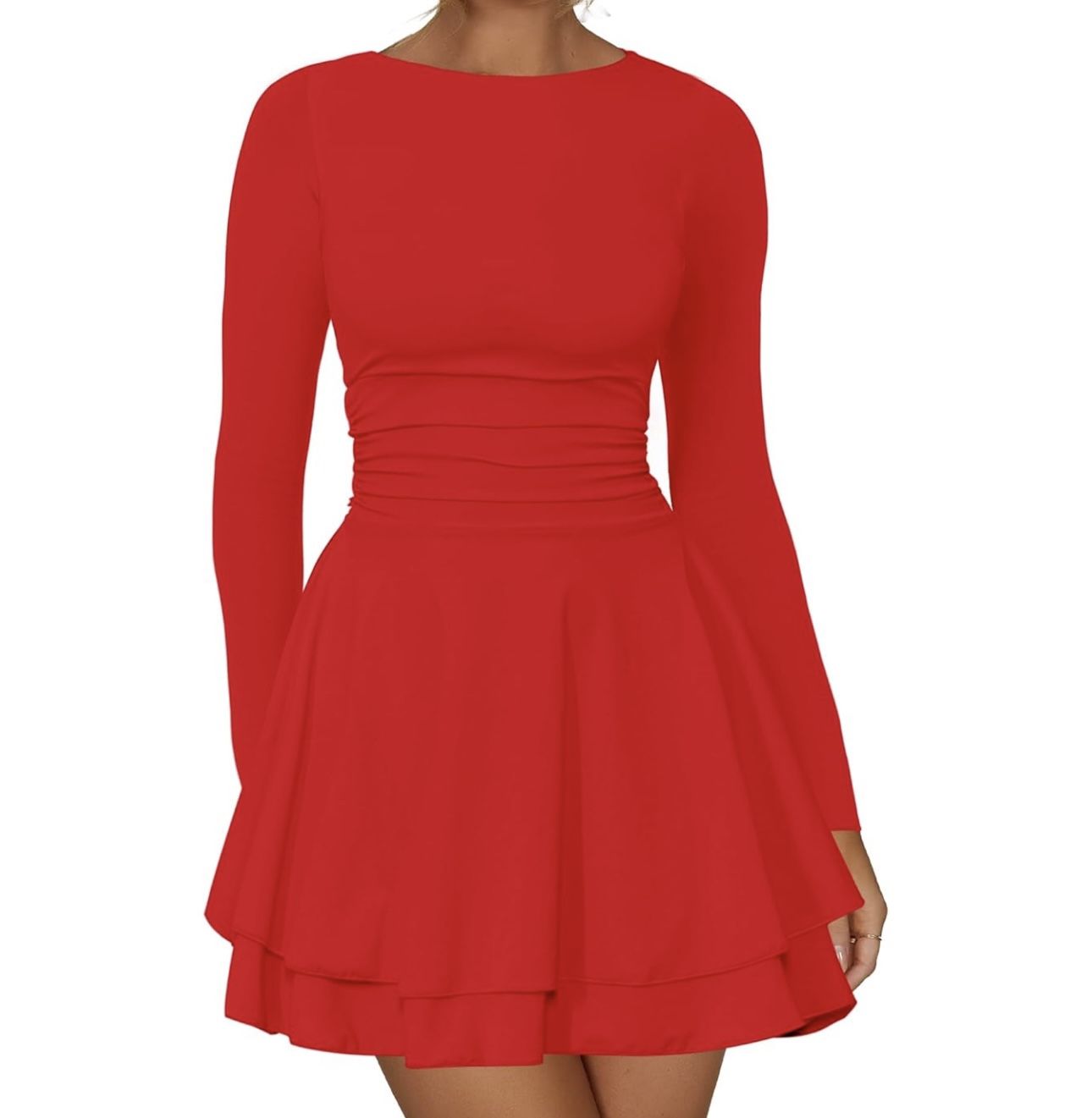 Crew Neck Long Sleeve Corset Mini Ruffle Dress Size M