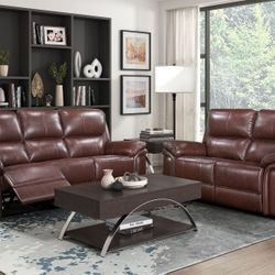 Brand New Brown Top Grain Real Leather Manual Reclining Sofa + Loveseat 2PCs Set