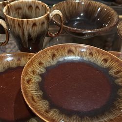 Vintage brown drip glaze stoneware pieces. Classic 1970s