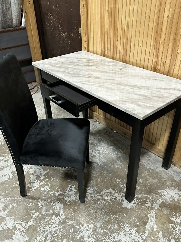 Home Office Desk & Chair in White Marble & Black Finish