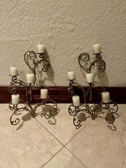 Set of 2 Gold Scroll Iron Wall Candle Sconces (16” tall)
