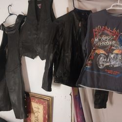 Leather Suit Biker Jacket,Chaps, Bundle Accessories 