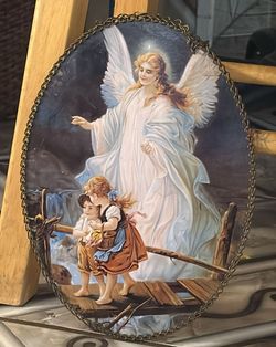 Oval painting of a Guardian Angel and Children
