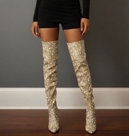NEW Silver-Gold Shimmer Thigh-High Boots, Heel-5", Tall-27” Size: 9. Glam & Bold Shine ✨