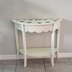 Beautifully Handpainted Green Leaves On Wooden Beige Half Moon Console Table
