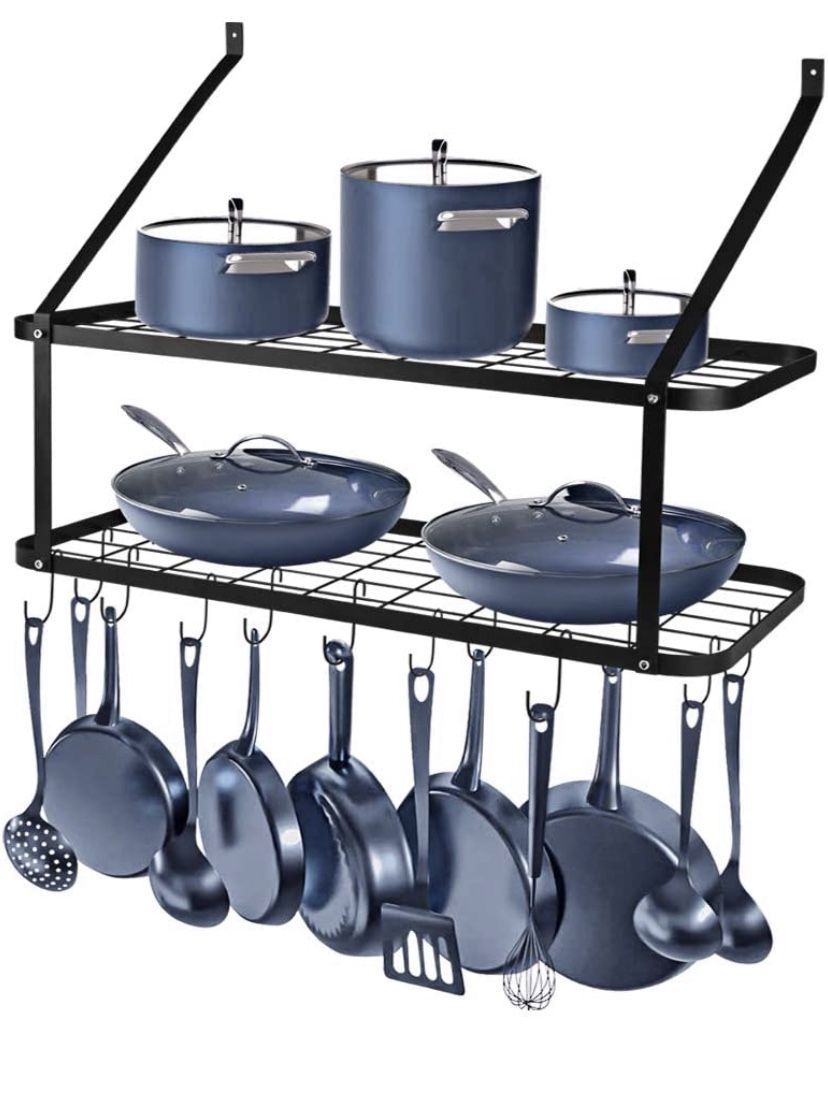 Wall Mounted Pots and Pans Rack, Rottogoon 2 Tier Pot and Pan Organizer 30 Inch Wall Pot Rack with 12 Hooks Kitchen Rack Organizer(Black)