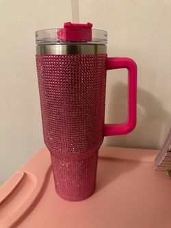 Pink Rhinestone Tumbler with Handle and Straw